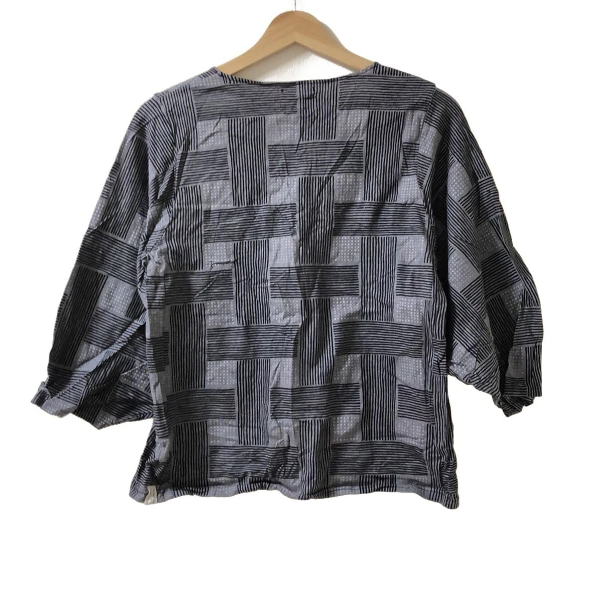 SOU SOU ソウソウ 七分袖カットソー サイズS レディース - ダークグレー×黒×グレー Vネック チェック柄 ドット柄