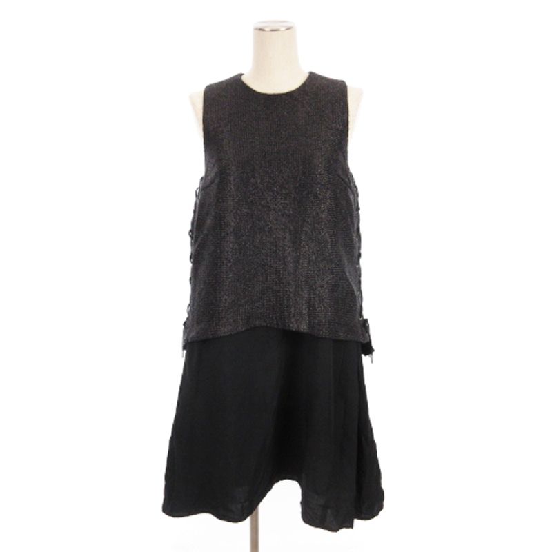 ミュラー オブ ヨシオクボ muller of yoshiokubo ステュディオス STUDIOUS別注 リネンライクOP ワンピース ひざ丈 ノースリーブ フ 異素材 MLS18617SP 黒 ブラック 38 SM3