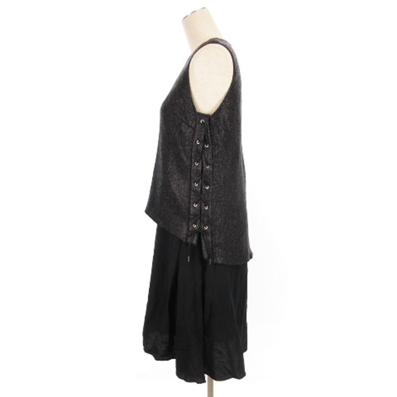 ミュラー オブ ヨシオクボ muller of yoshiokubo ステュディオス 別注 リネンライクOP ワンピース ひざ丈 ノースリーブ フ 異素材 黒 ブラック 38 SM 3