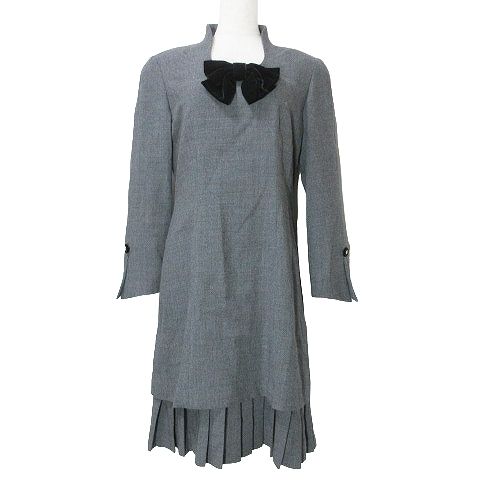 ユキトリイ YUKI TORII ワンピース ひざ丈 裾プリーツ 長袖 ウール リボンブローチ 9 M相当 グレー ORG X
