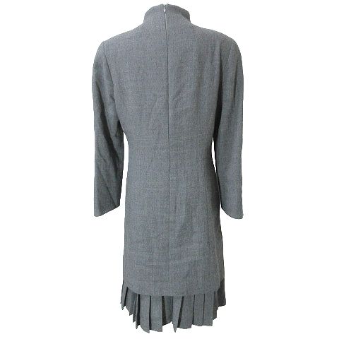 ユキトリイ YUKI TORII ワンピース ひざ丈 裾プリーツ 長袖 ウール リボンブローチ 9 M相当 グレー ORG X