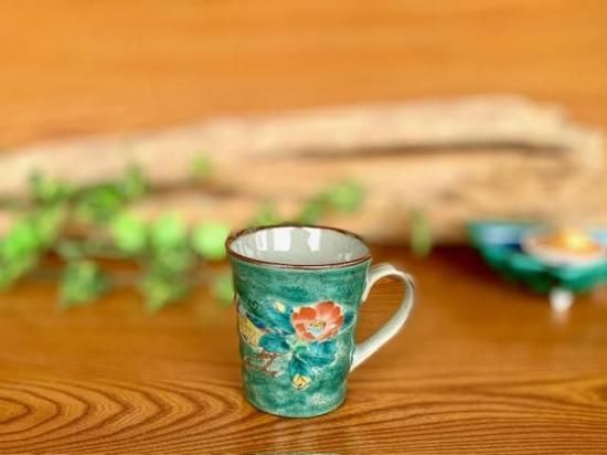 メーカー直送 九谷焼 マグカップ マグ 椿に鳥緑塗り 裏絵