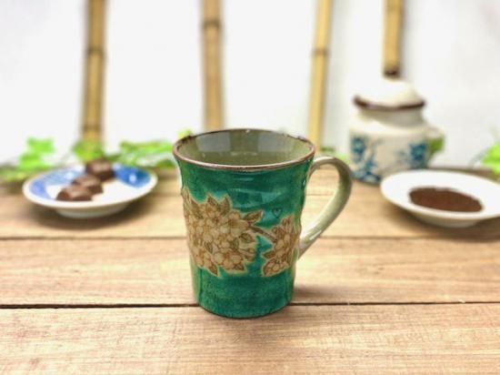 メーカー直送 九谷焼 マグカップ マグ しだれ桜 緑塗り 裏絵