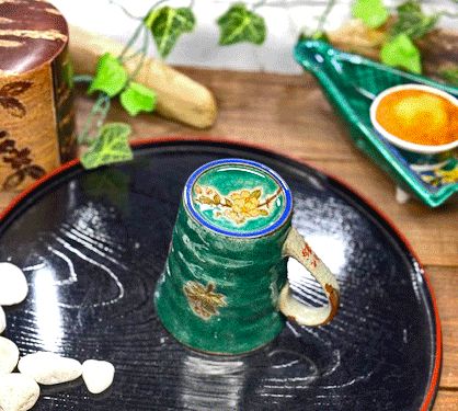 メーカー直送 九谷焼 マグカップ マグ しだれ桜 緑塗り 裏絵