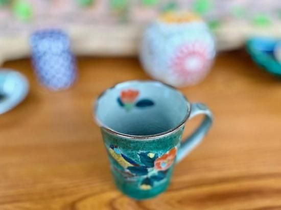 メーカー直送 九谷焼 マグカップ マグ 椿に鳥緑塗り 中絵