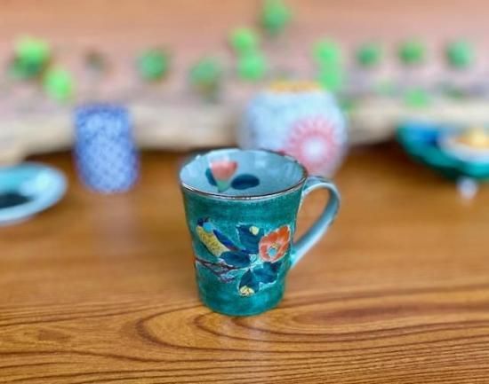 メーカー直送 九谷焼 マグカップ マグ 椿に鳥緑塗り 中絵