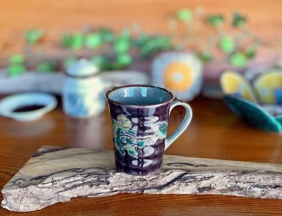 メーカー直送 九谷焼 マグカップ マグ 金糸梅に鳥 紫塗り 裏絵