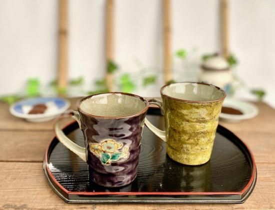 メーカー直送 九谷焼 ペアマグカップ 金糸梅に鳥 紫&黄塗り 裏絵