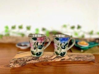 メーカー直送 九谷焼 ペアマグカップ 新がく紫陽花ピンク ブルー&ピンク ピンク 裏絵