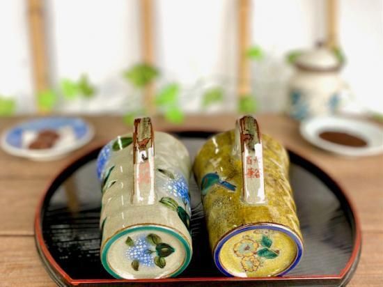 メーカー直送 九谷焼 ペアマグカップ がく紫陽花ピンク ブルー＆黄塗り金糸梅に鳥 裏絵 WWW_OPDRERGINERDOGAN_COM