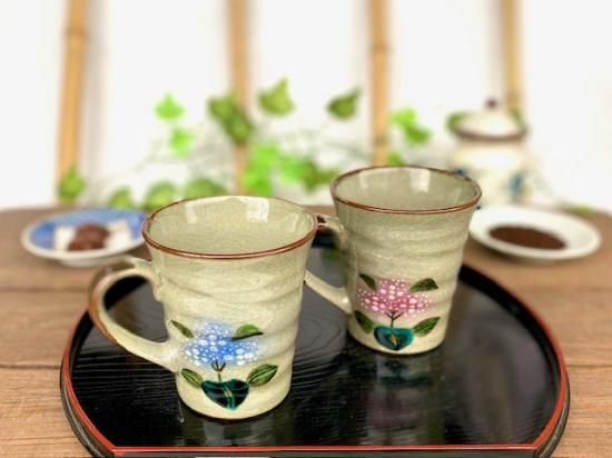 メーカー直送 九谷焼 ペアマグカップ 新がく紫陽花ピンク ブルー&ブルー ブルー 裏絵