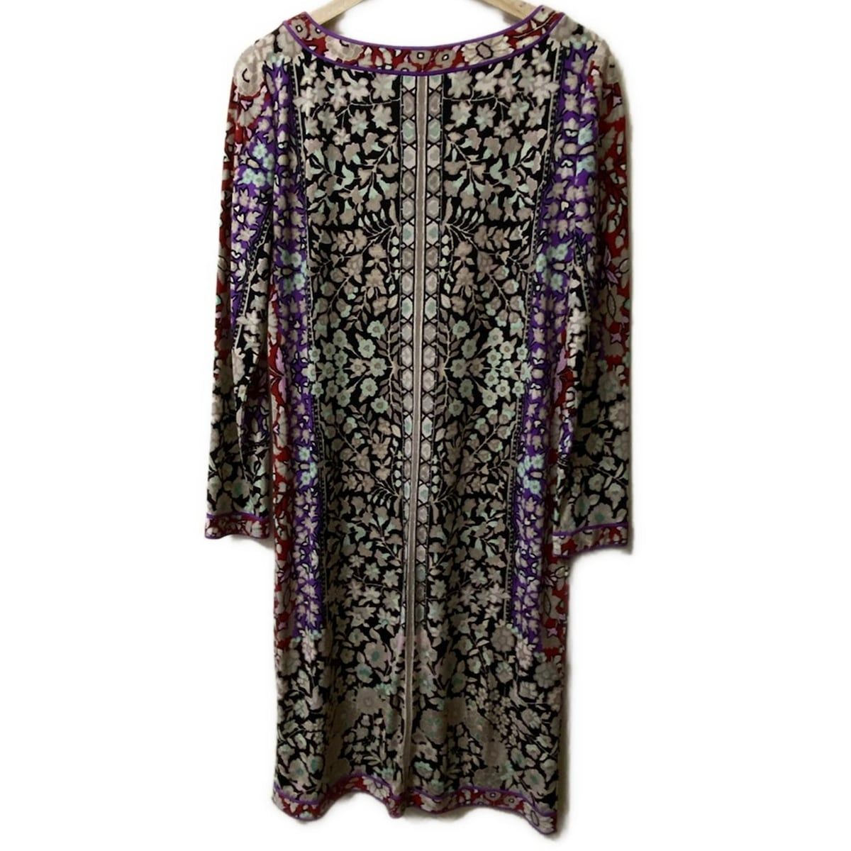 LEONARD レオナール ワンピース サイズ42 L レディース - レッド×マルチ クルーネック 長袖 ロング シルク 花柄