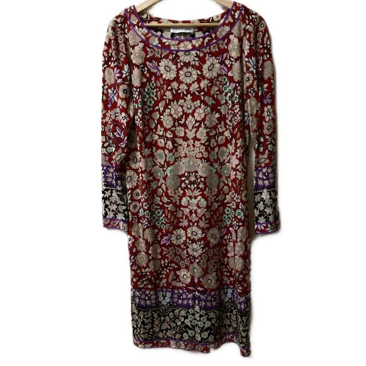 LEONARD レオナール ワンピース サイズ42 L レディース - レッド×マルチ クルーネック 長袖 ロング シルク 花柄