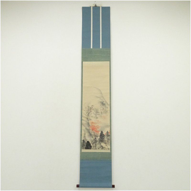 明治～大正 吉村直章筆 紅葉山水 肉筆紙本掛軸 掛け軸 床の間 書 おしゃれ 絵画 表具 芸術 茶道 年中掛け インテリア 茶掛 掛物 和室