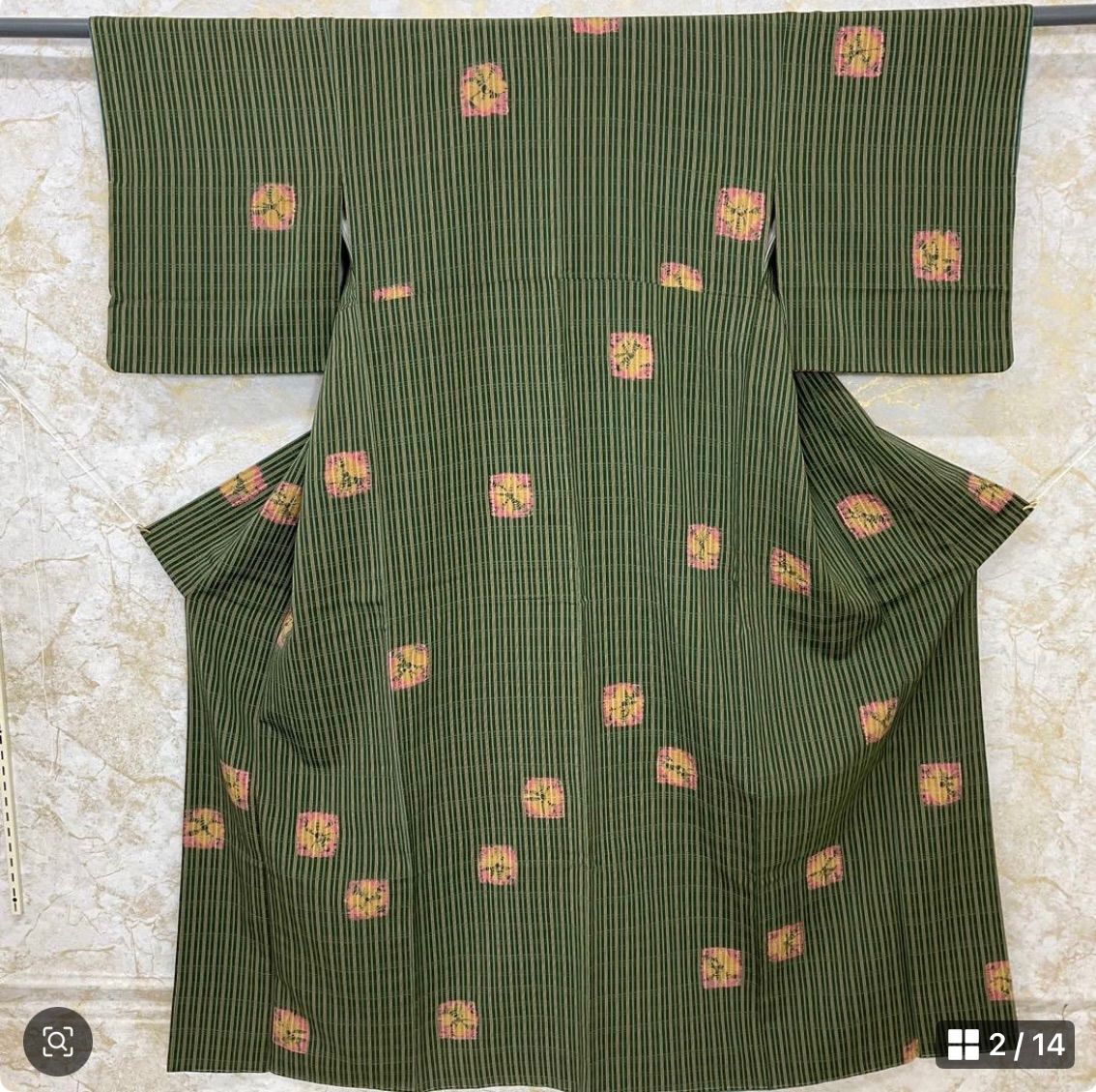 kimono one kimonoarisa 同然 センスの良い格子お召しに手絞り 袷 広襟 仕付け糸付き ロング グリーン 裄64肩丈163 5