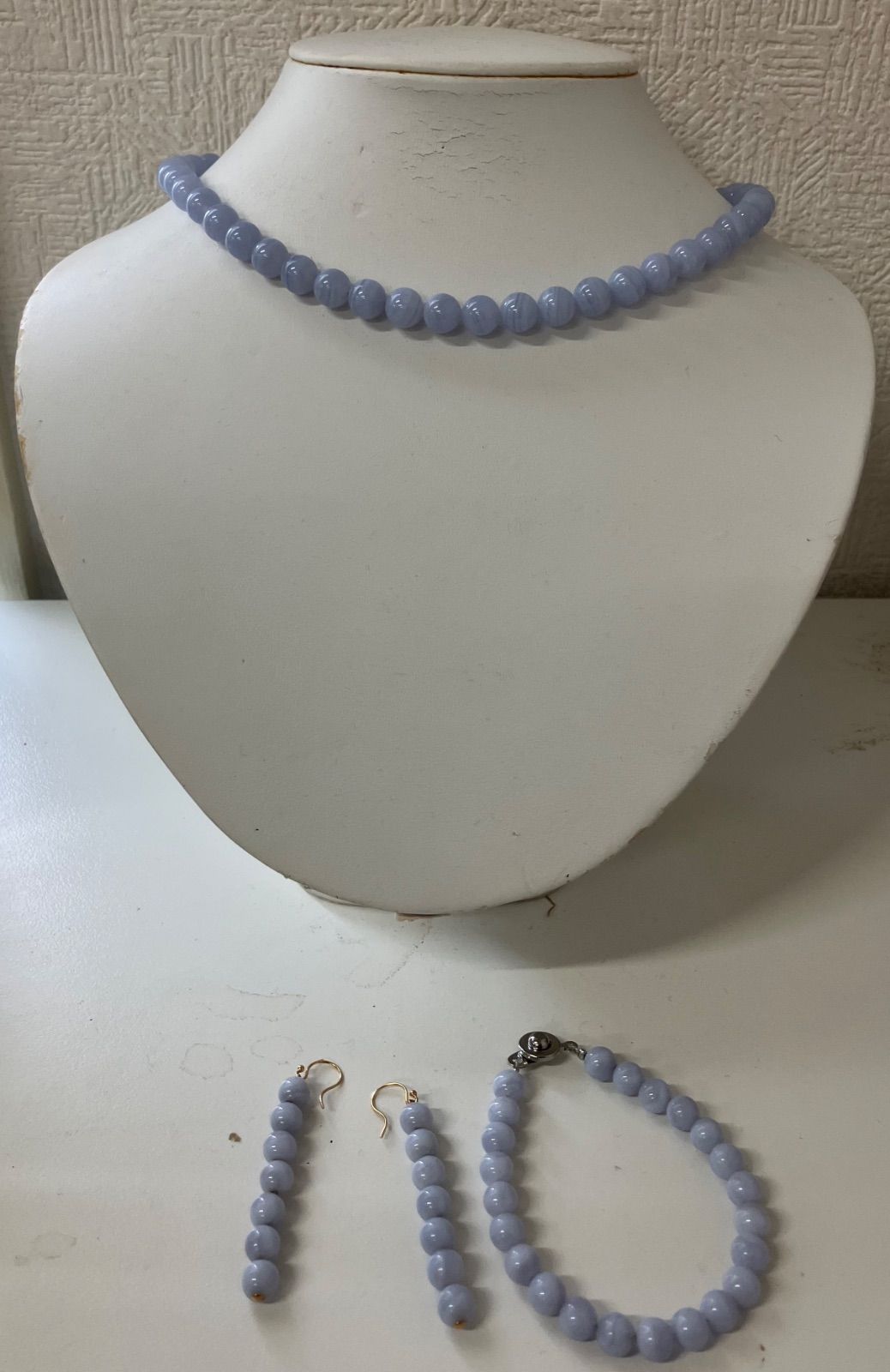 T170 ブルーストーン ネックレス&ピアス&ブレスレットセット K18刻印 ピアス先端K18 ネックレス先端シルバー シルバー刻印 レディース