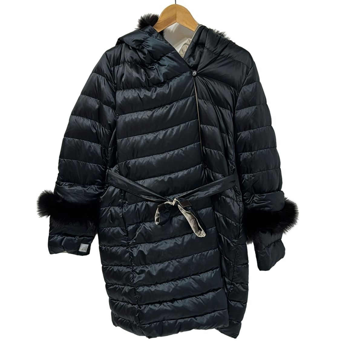 S Max Mara マックスマーラ ダウンコート サイズI46 L レディース - 黒×ベージュ 長袖 リバーシブル ファー着脱可 ベルト付き 冬