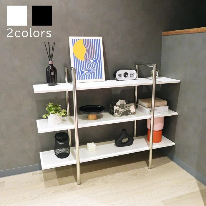 Hoola. ワイド オープンシェルフ 3段 横幅110cm 奥行き30cm 高さ85cm ブラック ホワイト 黒 白 ディスプレイラック 木製 ウッド MDF板 ステンレスフレーム 棚 収納 おしゃれ シンプル モノトーン 寝室 リビング 韓国インテリア
