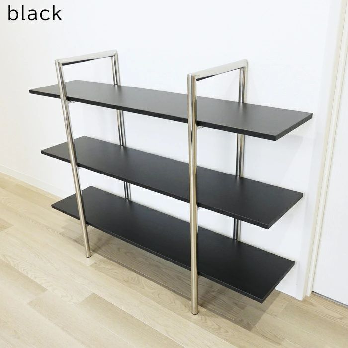 Hoola. ワイド オープンシェルフ 3段 横幅110 cm 奥行き30 高さ85 ブラック ホワイト 黒 白 ディスプレイラック 木製 ウッド MDF板 ステンレスフレーム 棚 収納 おしゃれ シンプル モノトーン 寝室 リビング 韓国インテリア