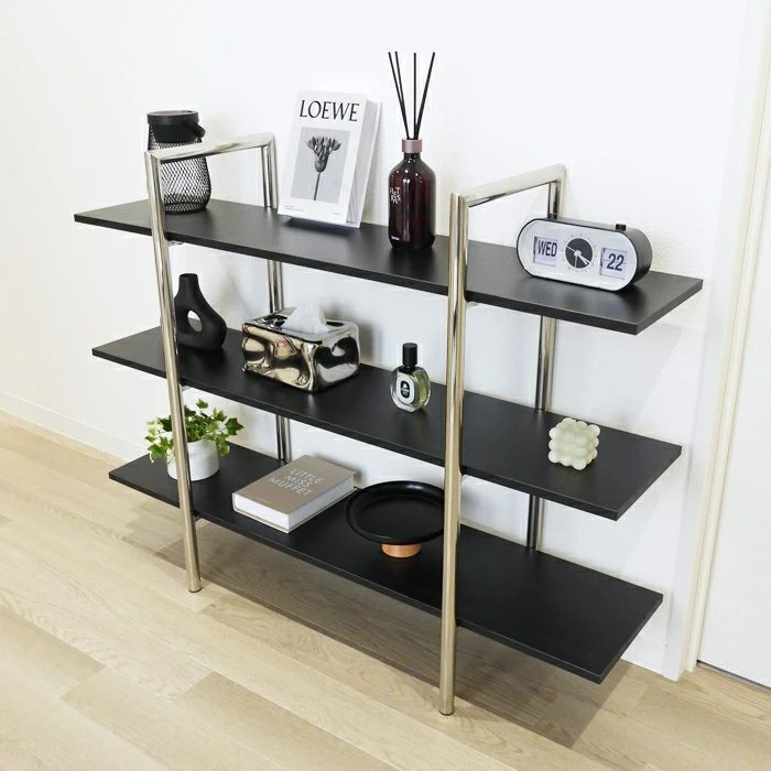  Hoola. ワイド オープンシェルフ 3段 横幅110 cm 奥行き30 高さ85 ブラック ホワイト 黒 白 ディスプレイラック 木製 ウッド MDF板 ステンレスフレーム 棚 収納 おしゃれ シンプル モノトーン 寝室 リビング 韓国インテリア 棚 シェルフ ラック 家具