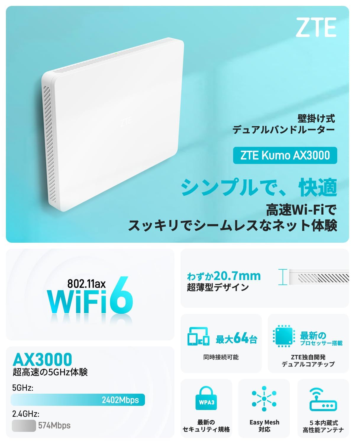 ZTE WiFi AX3000 ルーター 無線 LAN Wi-Fi 6 薄型 壁掛け スタイリッシュ ホワイト 省スペース 11ax 11ac AX3000 2402 574Mbps IPv6 WPA3 メッシュ 対応 デュアルバンド 160Mh