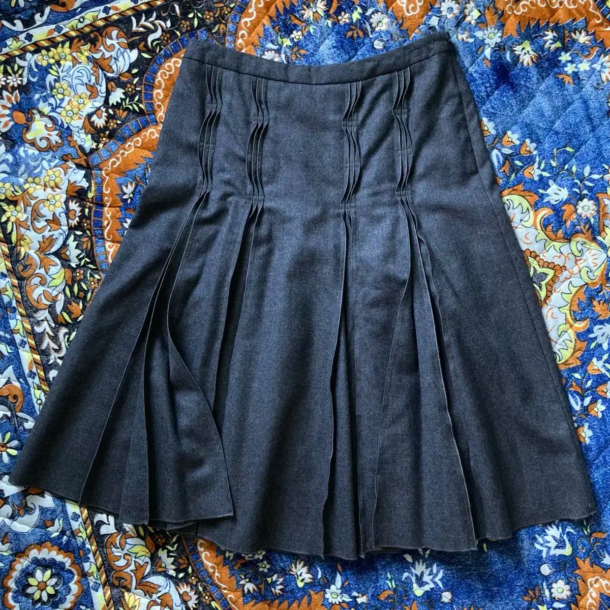 Courreges クレージュ シャーリング プリーツ スティッチ グレー ウール スカート