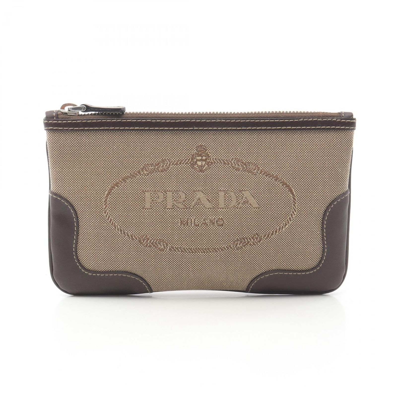 プラダ PRADA ポーチ ロゴジャガード ベージュ ブラウン キャンバス レザー ロゴジャガード ポーチ レディース Used B