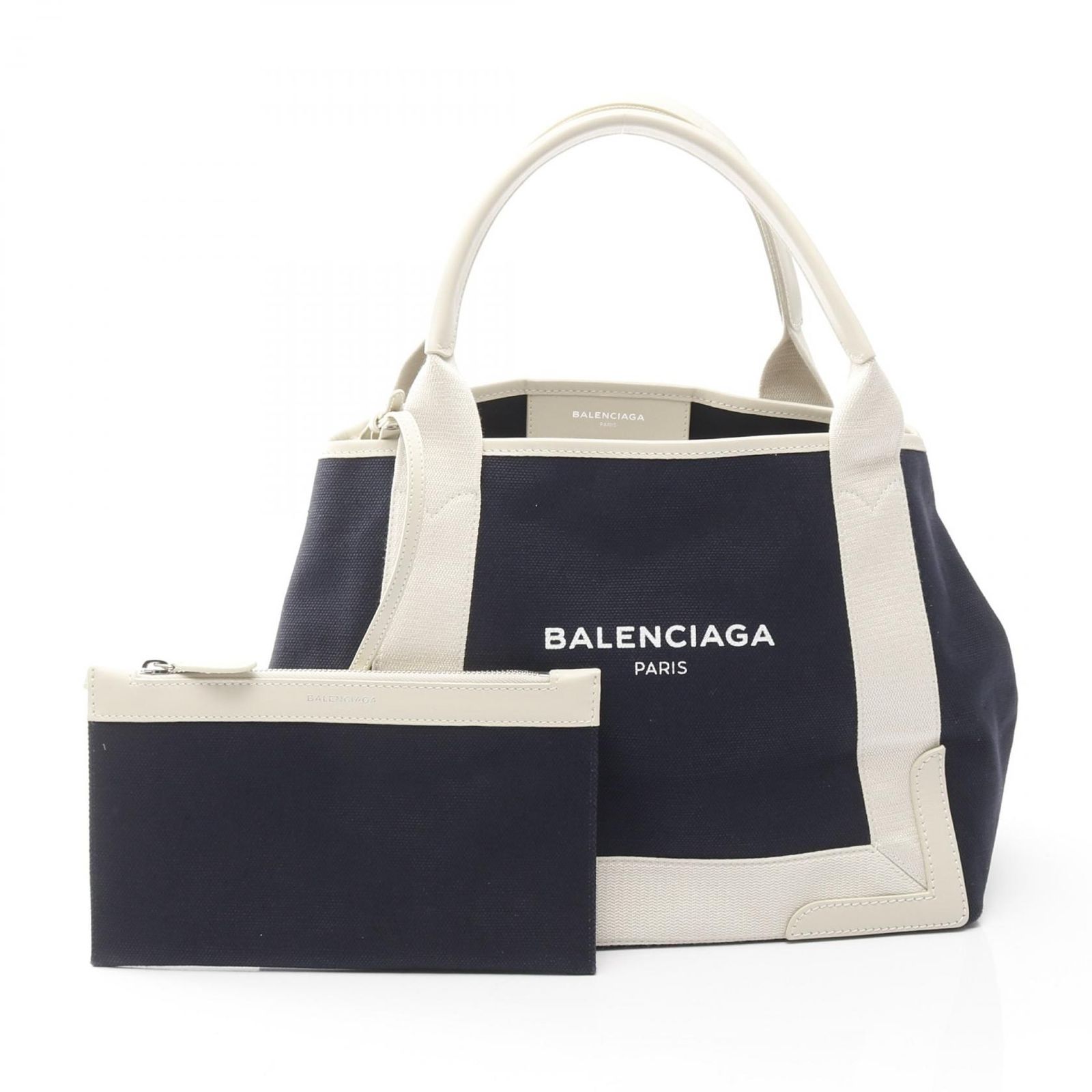 バレンシアガ BALENCIAGA トートバッグ NAVY CABAS S ネイビーカバ 339933 ネイビー ホワイト キャンバス レザー ネイビーカバ S レディース Used A
