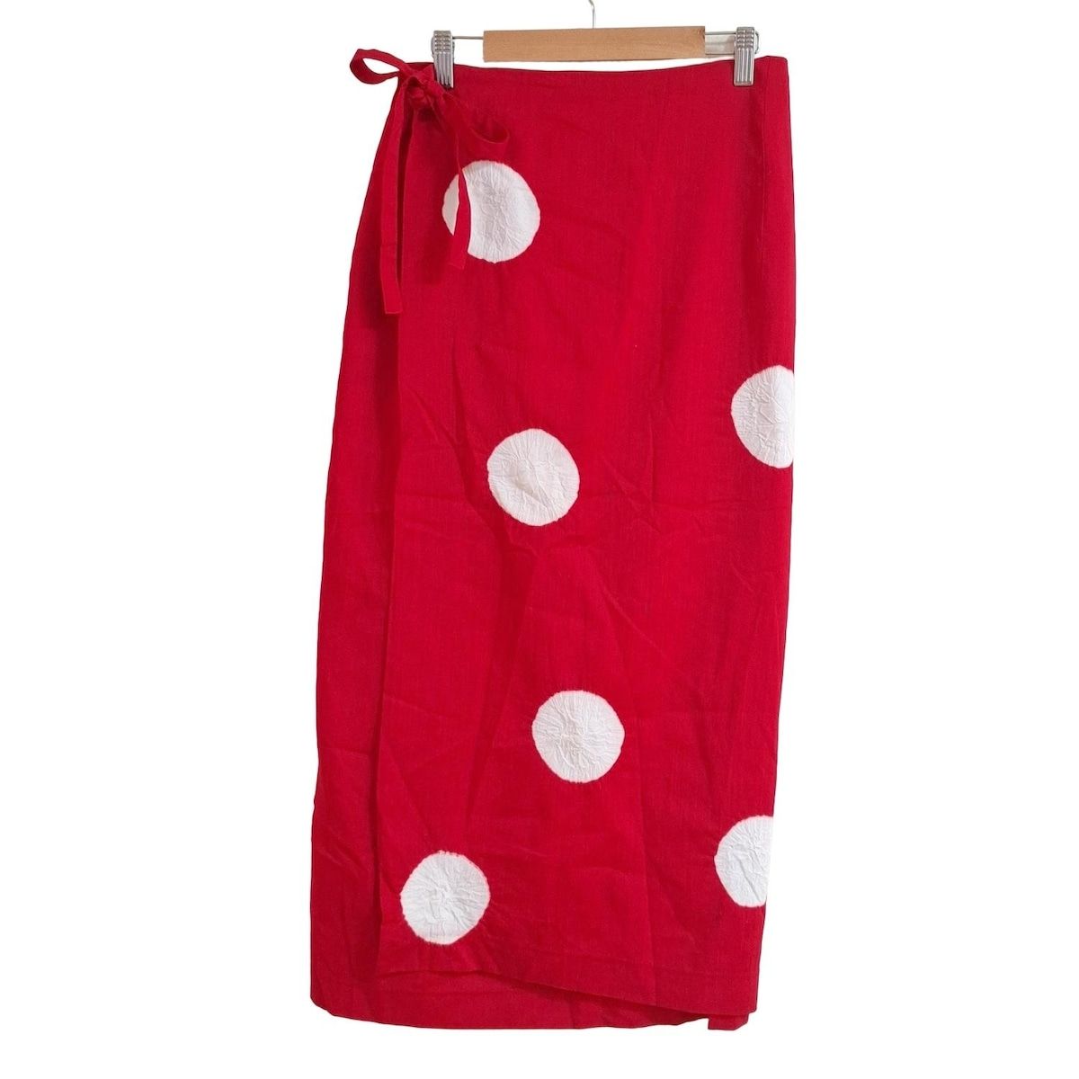 SOU SOU ソウソウ 巻きスカート レディース - レッド×白 ロング ドット柄 毛斯綸 たばた絞り