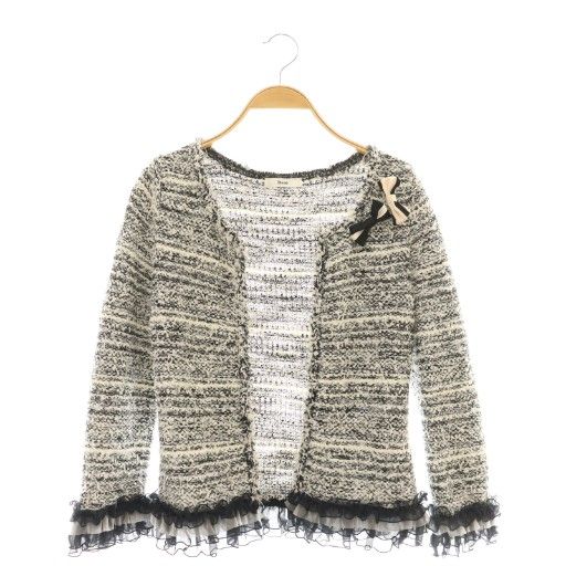 ルネ Rene ニットツイード カーディガン 36 黒 ブラック 白 ホワイト リボンブローチ付き CX