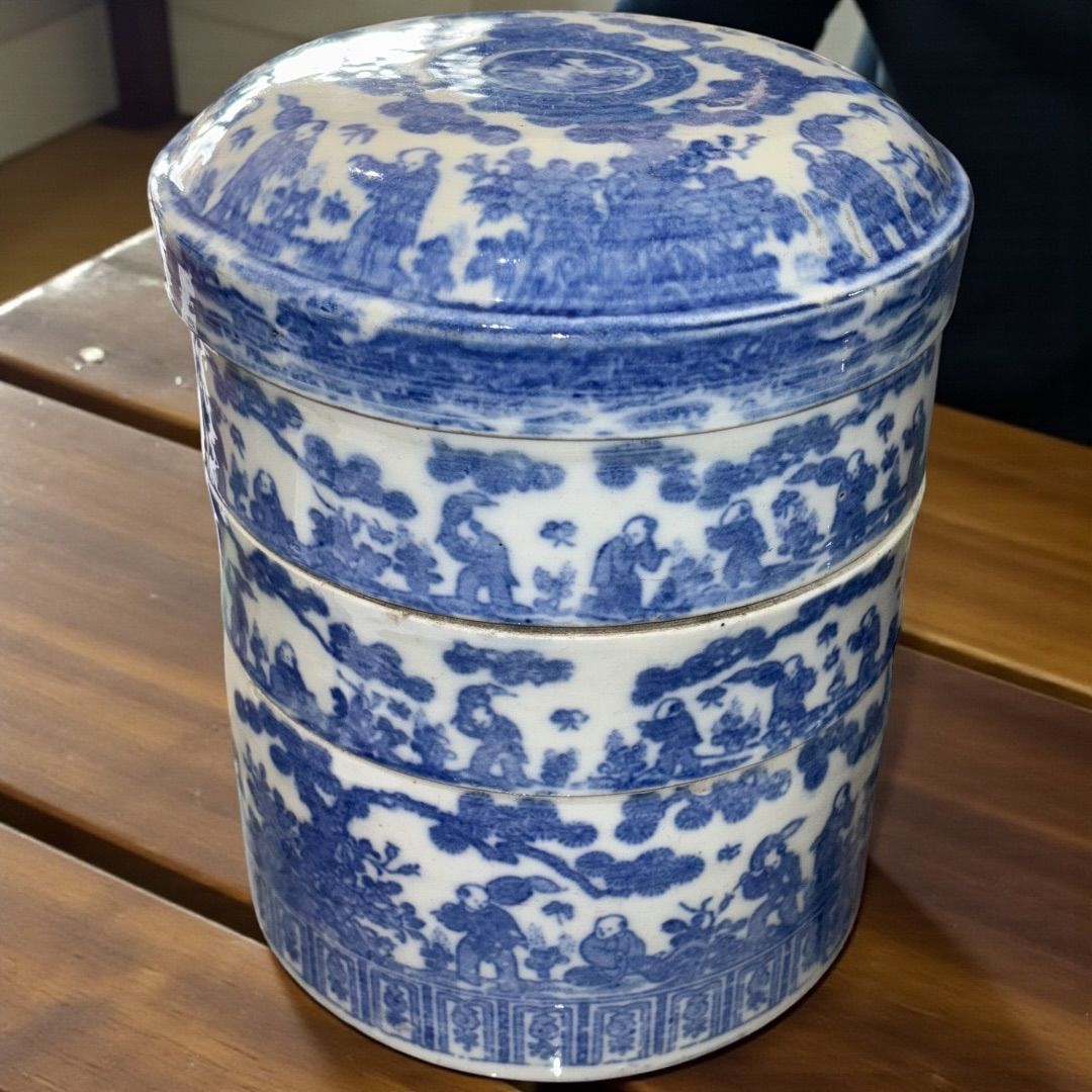 明治期 時代物 重箱 三段重 染付 希少 食器 インテリア 時代物 陶器