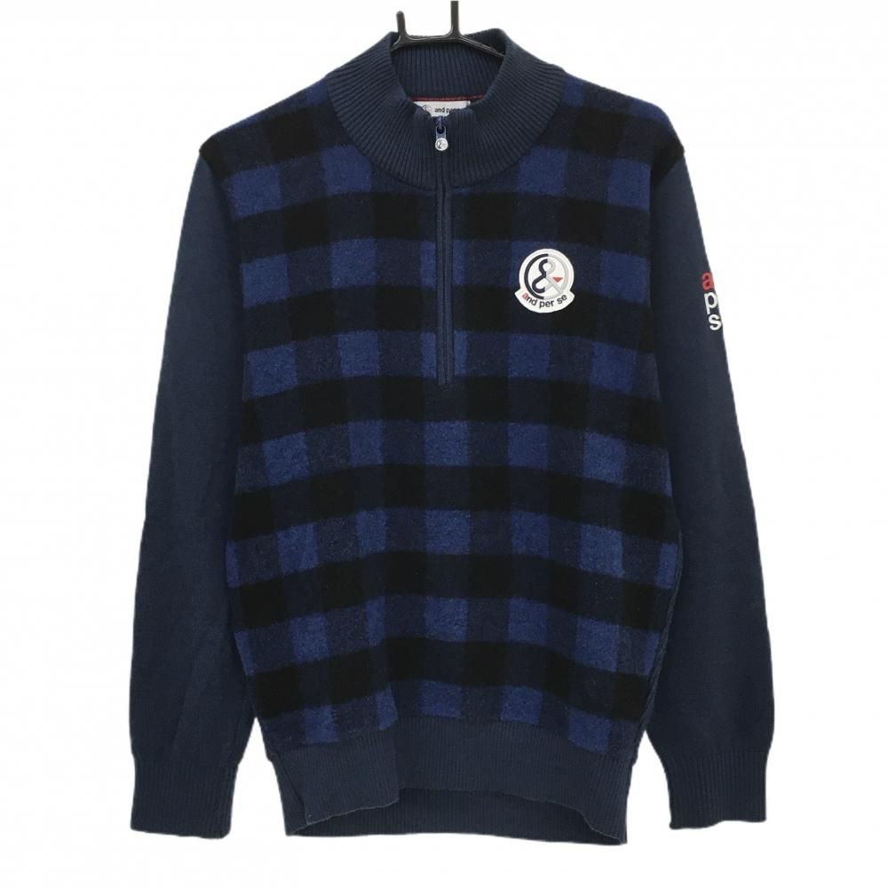 アンパスィ ハイネックセーター ネイビー×黒 前身頃チェック ハーフジップ ニット ウール混 メンズ M ゴルフウェア and per se