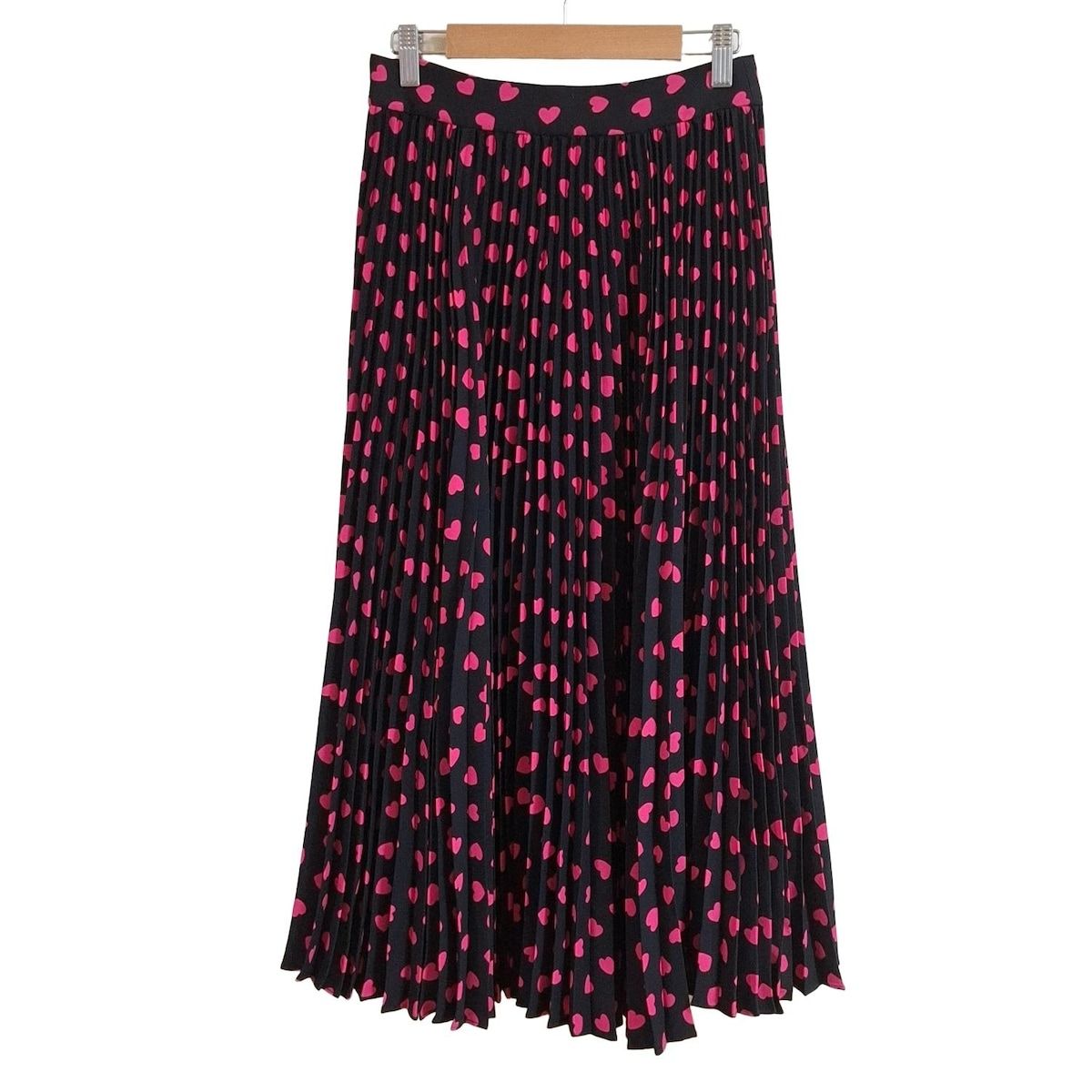 Kate spade ケイトスペード ロングスカート サイズ0 XS レディース - 黒×ピンク ハート柄 プリーツ