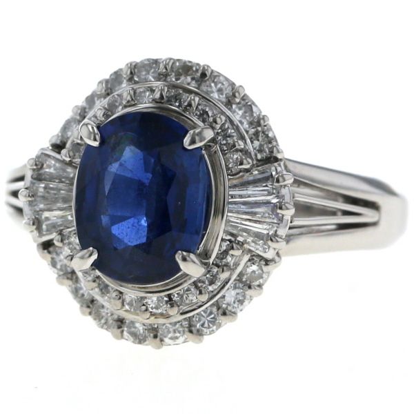 Pt 900 プラチナ リング サファイア 1.94 ct ダイヤモンド 0.63 オーバル 虹入り 二重取り巻き 指輪 12号 仕上済 zz