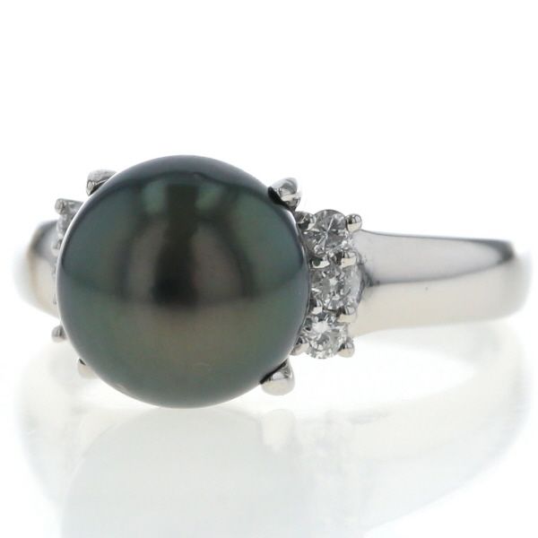 Pt 900 プラチナ リング ブラックパール 黒蝶真珠 10.2 mm ダイヤモンド 0.20 ct ラウンド 6粒 シンプル 指輪 18号 仕上済 zz