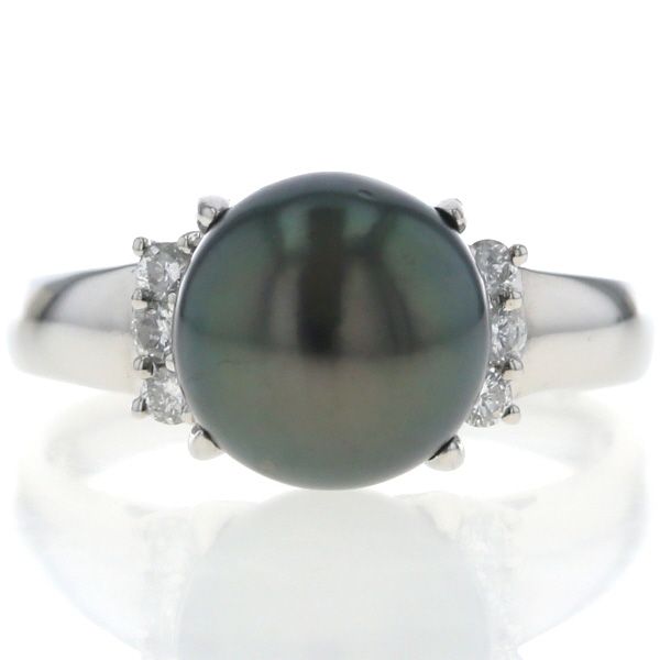 Pt900 プラチナ リング ブラックパール 黒蝶真珠 10.2mm ダイヤモンド 0.20ct ラウンド 6粒 シンプル 指輪 18号 仕上済 zz