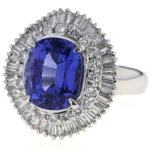 Pt 900 プラチナ リング タンザナイト 4.488 ct ダイヤモンド 1.12 二重取り巻き バレリーナ 指輪 12号 仕上済 zz