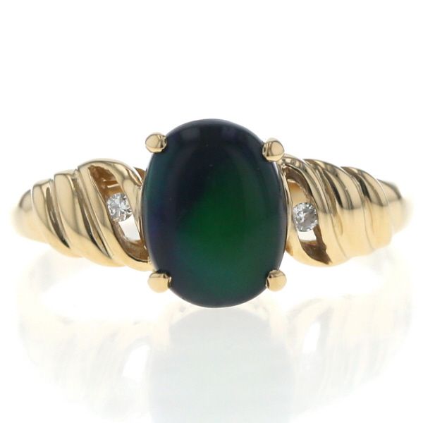 K18YG イエローゴールド リング ブラックオパール ダイヤモンド オーバル カボション ツイスト 指輪 16号 仕上済 zz