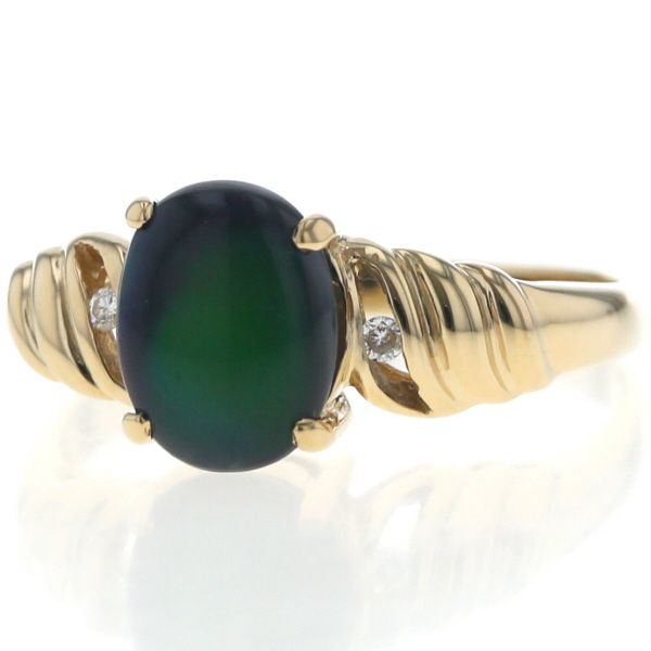 K 18 YG イエローゴールド リング ブラックオパール ダイヤモンド オーバル カボション ツイスト 指輪 16号 仕上済 zz