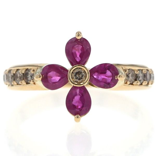 K18YG イエローゴールド リング ルビー 1.20ct ダイヤモンド 0.40ct 花 フラワー ライン 指輪 13.5号 仕上済 zz