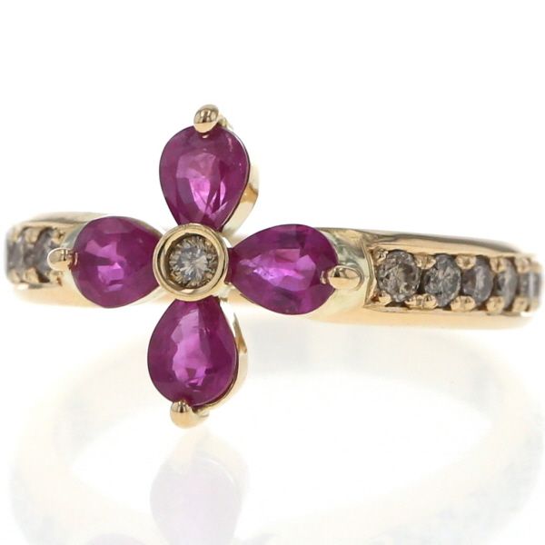 K 18 YG イエローゴールド リング ルビー 1.20 ct ダイヤモンド 0.40 花 フラワー ライン 指輪 13.5号 仕上済 zz