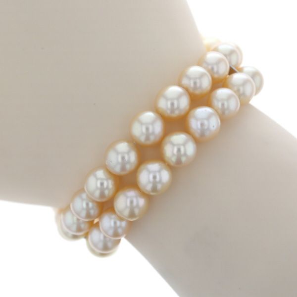 SILVER シルバー ブレスレット ゴールデンパール 真珠 7.6mm 2連 フラワークラスプ ラウンド 19cm 仕上済 zz