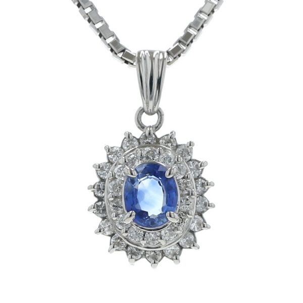 Pt 850 900 プラチナ ネックレス ダイヤモンド 0.35 ct サファイア オーバル 二重取り巻き 45 cm 仕上済 zz