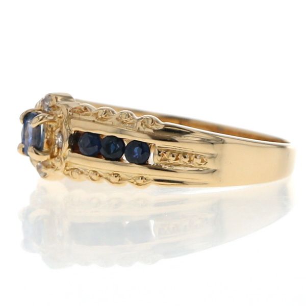 K 18 YG イエローゴールド リング サファイア ダイヤモンド 0.02 ct スカラップ クラシカル 指輪 11号 仕上済 zz