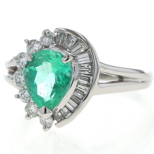 Pt 850 プラチナ リング エメラルド 0.98 ct ダイヤモンド 0.41 取り巻き ペアシェイプカット 指輪 8号 仕上済 zz