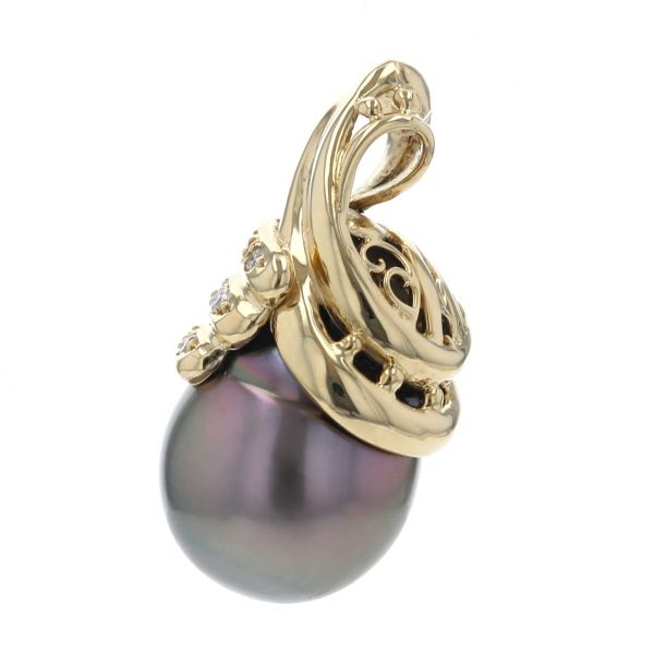 K 18 YG イエローゴールド ネックレストップ ブラックパール 黒蝶真珠 12.7 mm ダイヤ 0.07 ct 巻き付き 仕上済 zz