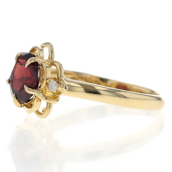 K 18 YG イエローゴールド リング ガーネット ダイヤモンド ラウンド 花 フラワー デザイン 12号 指輪 仕上済 zz
