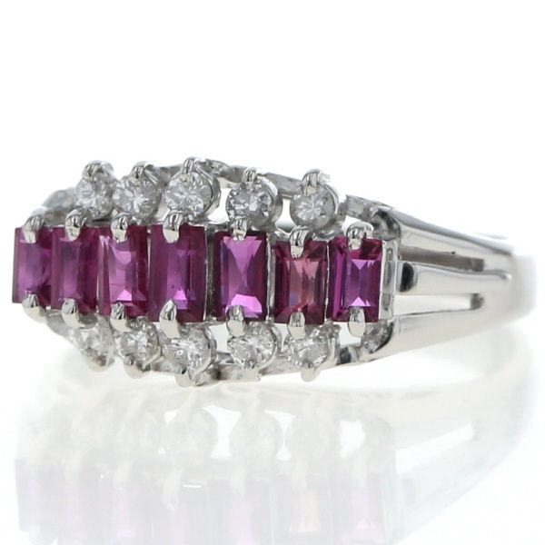Pt 900 プラチナ リング ルビー 0.72 ct ダイヤモンド 0.19 バゲットカット 三文字 割れ腕 指輪 11号 仕上済 zz