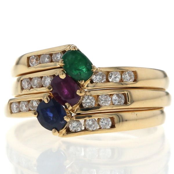 K 18 YG イエローゴールド リング ダイヤモンド サファイア エメラルド ルビー 3点セット ジグザグ 指輪 9号 仕上済 zz