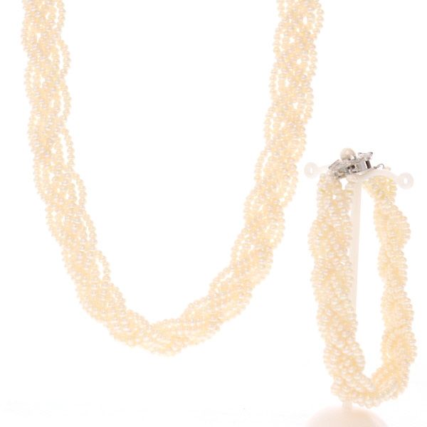 SILVER シルバー ネックレス ブレスレット パール 淡水真珠 2点セット ツイスト 三つ編み 44cm 18cm 仕上済 zz